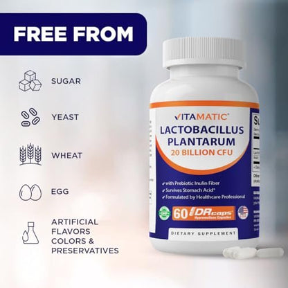 Vitamatic Lactobacillus Plantarum – 20 Milliarden KBE pro Kapsel – 60 Stück – Verdauungsunterstützung mit präbiotischem Inulin