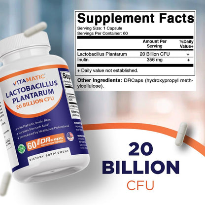 Vitamatic Lactobacillus Plantarum – 20 Milliarden KBE pro Kapsel – 60 Stück – Verdauungsunterstützung mit präbiotischem Inulin
