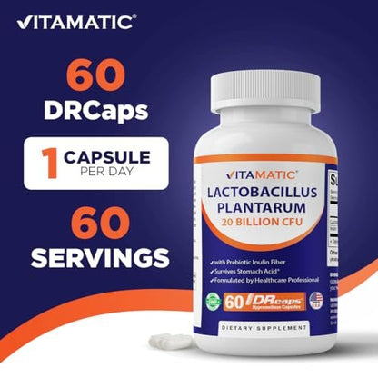 Vitamatic Lactobacillus Plantarum – 20 Milliarden KBE pro Kapsel – 60 Stück – Verdauungsunterstützung mit präbiotischem Inulin