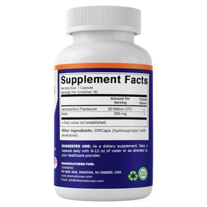 Vitamatic Lactobacillus Plantarum – 20 Milliarden KBE pro Kapsel – 60 Stück – Verdauungsunterstützung mit präbiotischem Inulin