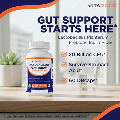 Vitamatic Lactobacillus Plantarum – 20 Milliarden KBE pro Kapsel – 60 Stück – Verdauungsunterstützung mit präbiotischem Inulin