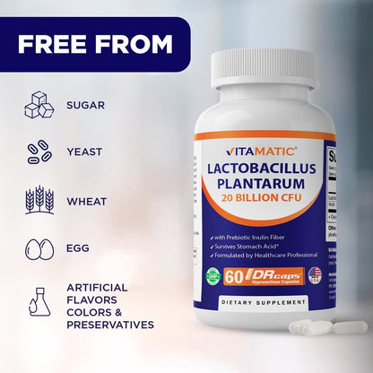 Vitamatic Lactobacillus Plantarum – 20 Milliarden KBE pro Kapsel – 60 Stück – Verdauungsunterstützung mit präbiotischem Inulin