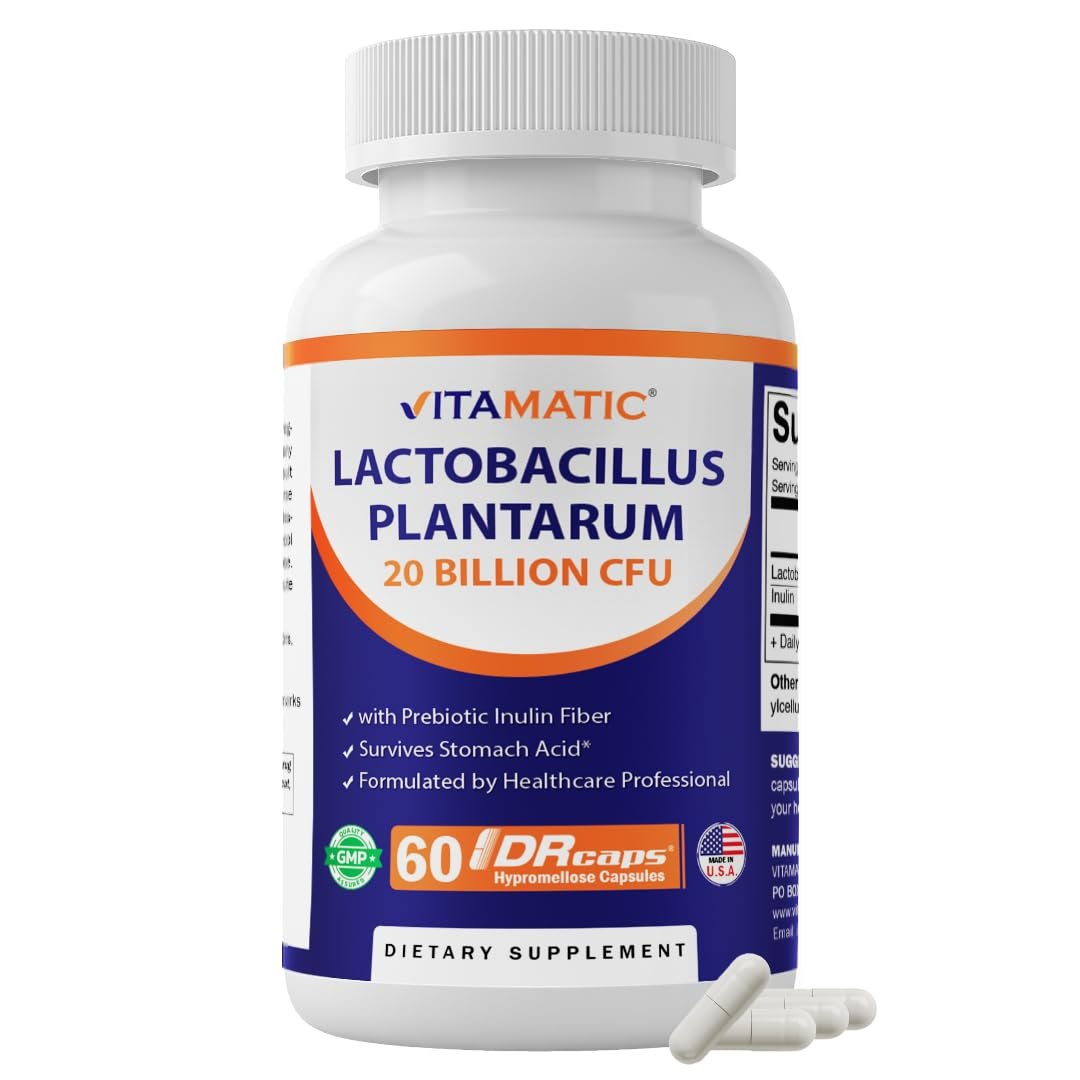 Vitamatic Lactobacillus Plantarum – 20 Milliarden KBE pro Kapsel – 60 Stück – Verdauungsunterstützung mit präbiotischem Inulin
