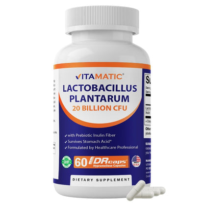 Vitamatic Lactobacillus Plantarum – 20 Milliarden KBE pro Kapsel – 60 Stück – Verdauungsunterstützung mit präbiotischem Inulin