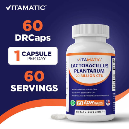 Vitamatic Lactobacillus Plantarum – 20 Milliarden KBE pro Kapsel – 60 Stück – Verdauungsunterstützung mit präbiotischem Inulin
