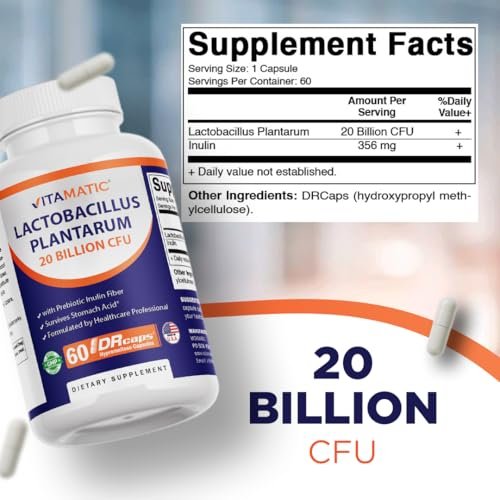 Vitamatic Lactobacillus Plantarum – 20 Milliarden KBE pro Kapsel – 60 Stück – Verdauungsunterstützung mit präbiotischem Inulin