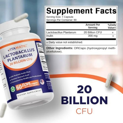 Vitamatic Lactobacillus Plantarum – 20 Milliarden KBE pro Kapsel – 60 Stück – Verdauungsunterstützung mit präbiotischem Inulin