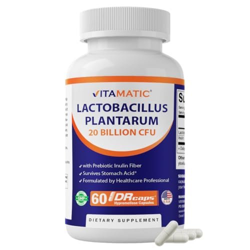 Vitamatic Lactobacillus Plantarum – 20 Milliarden KBE pro Kapsel – 60 Stück – Verdauungsunterstützung mit präbiotischem Inulin