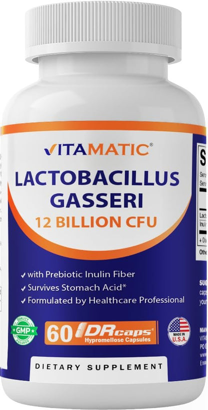 Vitamatic Lactobacillus Gasseri – 12 Milliarden KBE pro Kapsel – 60 Stück – Verdauungsunterstützung mit präbiotischem Inulin