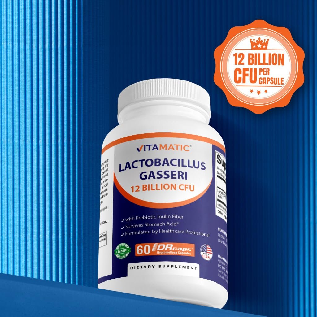 Vitamatic Lactobacillus Gasseri – 12 Milliarden KBE pro Kapsel – 60 Stück – Verdauungsunterstützung mit präbiotischem Inulin