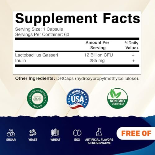 Vitamatic Lactobacillus Gasseri – 12 Milliarden KBE pro Kapsel – 60 Stück – Verdauungsunterstützung mit präbiotischem Inulin