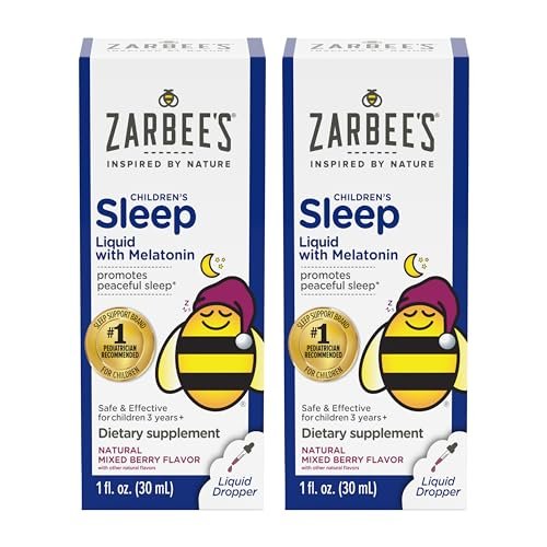 Zarbee's Kids Schlafmittel Flüssig mit 1 mg Melatonin; Arzneimittelfrei & Wirksam; Natürlicher Beerengeschmack für Kinder ab 3 Jahren; 1 Fl Oz Flaschen, Packung mit 2