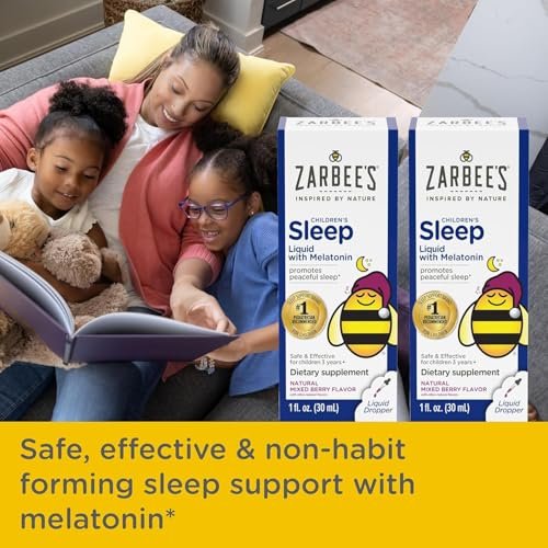 Zarbee's Kids Schlafmittel Flüssig mit 1 mg Melatonin; Arzneimittelfrei & Wirksam; Natürlicher Beerengeschmack für Kinder ab 3 Jahren; 1 Fl Oz Flaschen, Packung mit 2