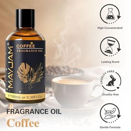 MAYJAM Kaffeeduftöl 100 ml / 3,38 Fl. Oz. mit Glaspipette – Langanhaltendes Duftöl für Diffuser, Seifen- und Kerzenherstellung
