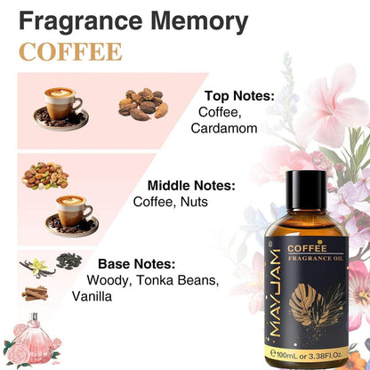 MAYJAM Kaffeeduftöl 100 ml / 3,38 Fl. Oz. mit Glaspipette – Langanhaltendes Duftöl für Diffuser, Seifen- und Kerzenherstellung