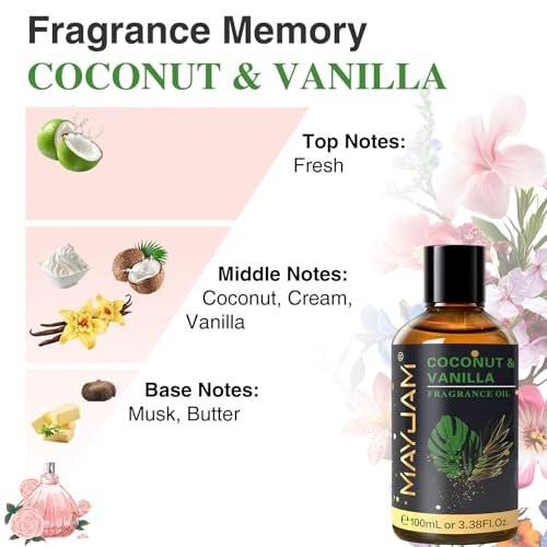 MAYJAM Kokos & Vanille Duftöl 100 ml mit Glaspipette – Lang anhaltendes Aromaöl für Diffuser, Seifen- und Kerzenherstellung