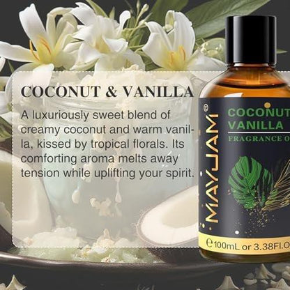 MAYJAM Kokos & Vanille Duftöl 100 ml mit Glaspipette – Lang anhaltendes Aromaöl für Diffuser, Seifen- und Kerzenherstellung