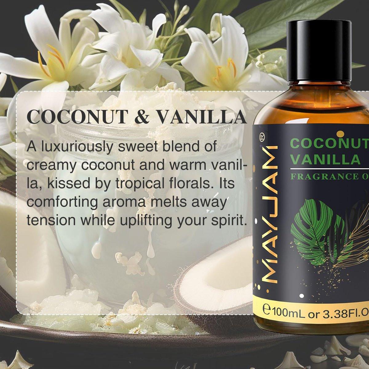 MAYJAM Kokos & Vanille Duftöl 100 ml mit Glaspipette – Lang anhaltendes Aromaöl für Diffuser, Seifen- und Kerzenherstellung