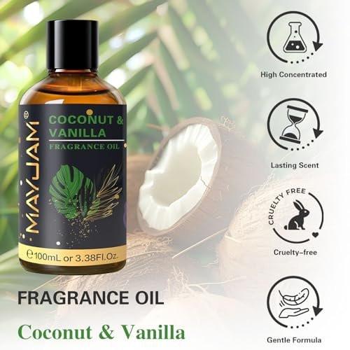 MAYJAM Kokos & Vanille Duftöl 100 ml mit Glaspipette – Lang anhaltendes Aromaöl für Diffuser, Seifen- und Kerzenherstellung