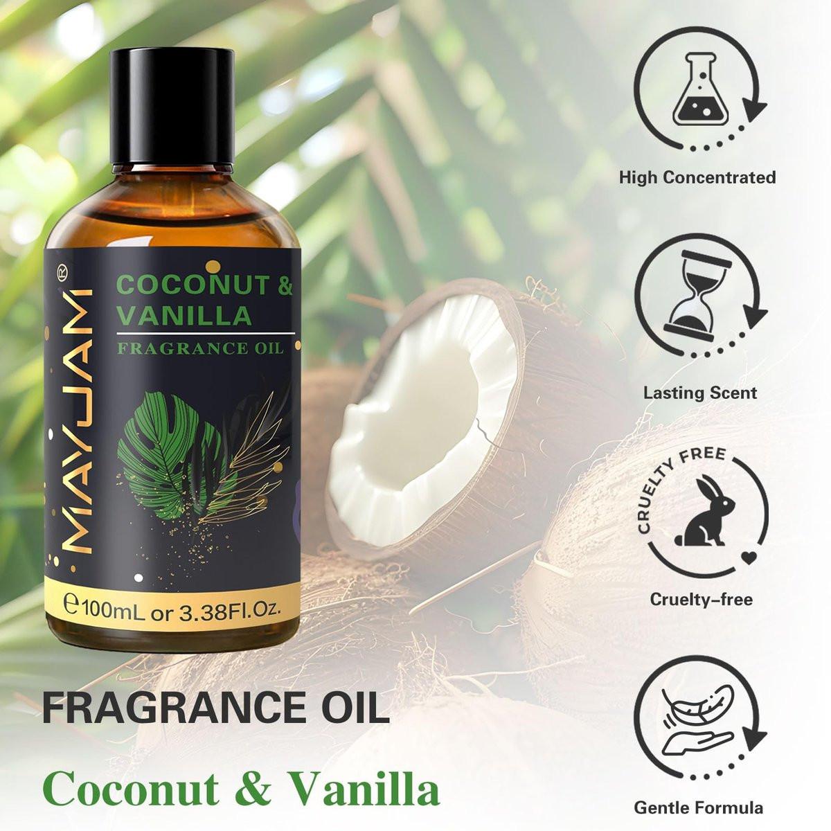 MAYJAM Kokos & Vanille Duftöl 100 ml mit Glaspipette – Lang anhaltendes Aromaöl für Diffuser, Seifen- und Kerzenherstellung