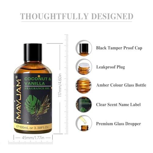 MAYJAM Kokos & Vanille Duftöl 100 ml mit Glaspipette – Lang anhaltendes Aromaöl für Diffuser, Seifen- und Kerzenherstellung