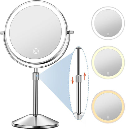 Niuphia Schminktischspiegel mit Licht 7" Wiederaufladbar 1x/10x Vergrößerungsspiegel mit LED-Leuchten Höhenverstellbar Doppelseitig 360° Drehbar