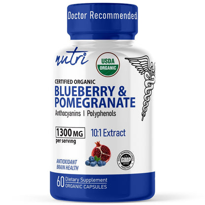 Nutri Organic Blueberry Pomegranate Supplement 1300mg - mit 800mg 10:1 Extrakt & 500mg 10:1 Granatapfel-Extrakt - USDA Bio-zertifiziert - 60 Kapseln - Reich an Anthocyanen und Polyphenolen