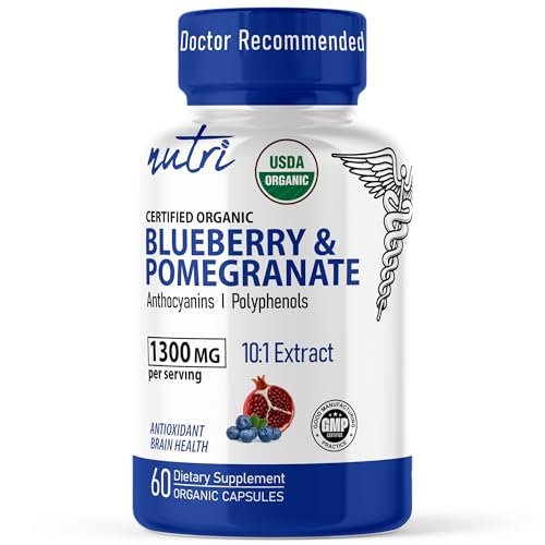 Nutri Organic Blueberry Pomegranate Supplement 1300mg - mit 800mg 10:1 Extrakt & 500mg 10:1 Granatapfel-Extrakt - USDA Bio-zertifiziert - 60 Kapseln - Reich an Anthocyanen und Polyphenolen
