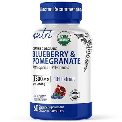 Nutri Organic Blueberry Pomegranate Supplement 1300mg - mit 800mg 10:1 Extrakt & 500mg 10:1 Granatapfel-Extrakt - USDA Bio-zertifiziert - 60 Kapseln - Reich an Anthocyanen und Polyphenolen