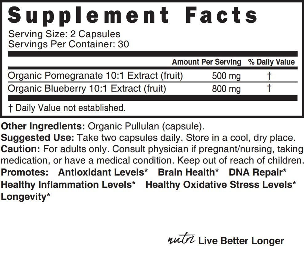 Nutri Organic Blueberry Pomegranate Supplement 1300mg - mit 800mg 10:1 Extrakt & 500mg 10:1 Granatapfel-Extrakt - USDA Bio-zertifiziert - 60 Kapseln - Reich an Anthocyanen und Polyphenolen