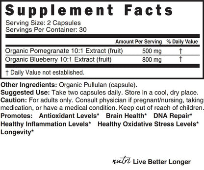 Nutri Organic Blueberry Pomegranate Supplement 1300mg - mit 800mg 10:1 Extrakt & 500mg 10:1 Granatapfel-Extrakt - USDA Bio-zertifiziert - 60 Kapseln - Reich an Anthocyanen und Polyphenolen
