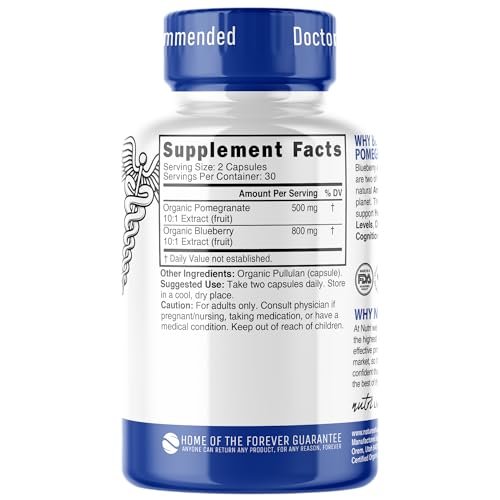 Nutri Organic Blueberry Pomegranate Supplement 1300mg - mit 800mg 10:1 Extrakt & 500mg 10:1 Granatapfel-Extrakt - USDA Bio-zertifiziert - 60 Kapseln - Reich an Anthocyanen und Polyphenolen