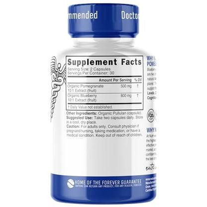 Nutri Organic Blueberry Pomegranate Supplement 1300mg - mit 800mg 10:1 Extrakt & 500mg 10:1 Granatapfel-Extrakt - USDA Bio-zertifiziert - 60 Kapseln - Reich an Anthocyanen und Polyphenolen