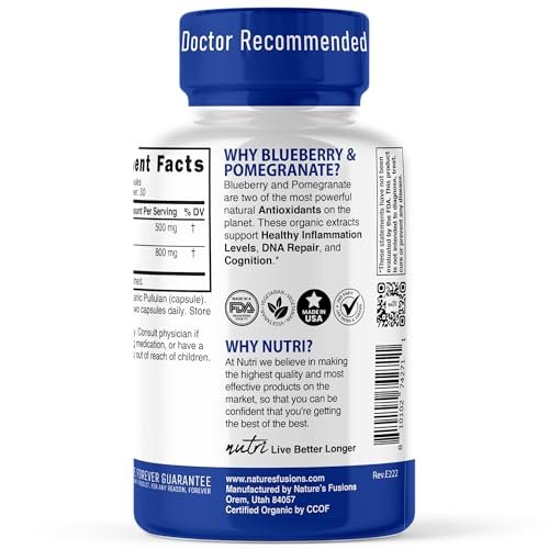 Nutri Organic Blueberry Pomegranate Supplement 1300mg - mit 800mg 10:1 Extrakt & 500mg 10:1 Granatapfel-Extrakt - USDA Bio-zertifiziert - 60 Kapseln - Reich an Anthocyanen und Polyphenolen
