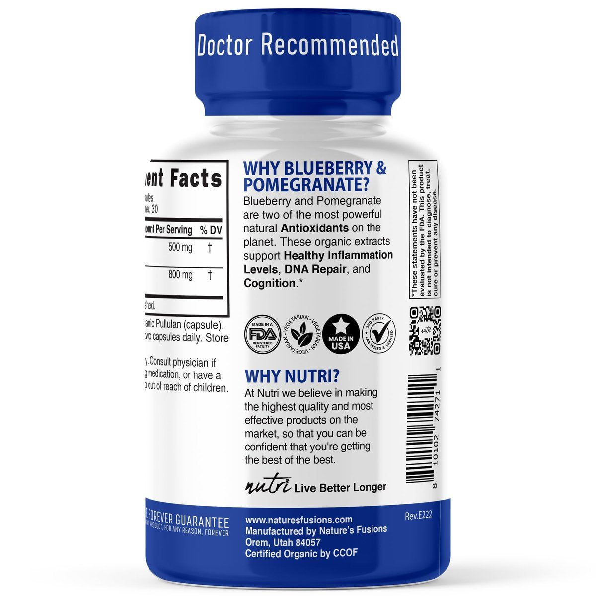 Nutri Organic Blueberry Pomegranate Supplement 1300mg - mit 800mg 10:1 Extrakt & 500mg 10:1 Granatapfel-Extrakt - USDA Bio-zertifiziert - 60 Kapseln - Reich an Anthocyanen und Polyphenolen