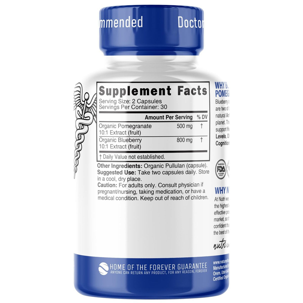 Nutri Organic Blueberry Pomegranate Supplement 1300mg - mit 800mg 10:1 Extrakt & 500mg 10:1 Granatapfel-Extrakt - USDA Bio-zertifiziert - 60 Kapseln - Reich an Anthocyanen und Polyphenolen