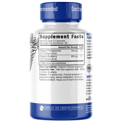 Nutri Organic Blueberry Pomegranate Supplement 1300mg - mit 800mg 10:1 Extrakt & 500mg 10:1 Granatapfel-Extrakt - USDA Bio-zertifiziert - 60 Kapseln - Reich an Anthocyanen und Polyphenolen