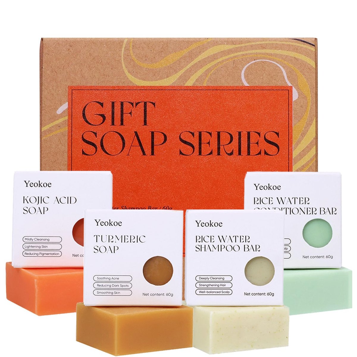 Yeokoe Kurkuma Seife Bar & Reiswasser Shampoo Conditioner Bar Set – Kojisäure für Körper, Gesicht und Haare, Tiefenreinigung, Reiseartikel, Spa-Geschenke für Frauen