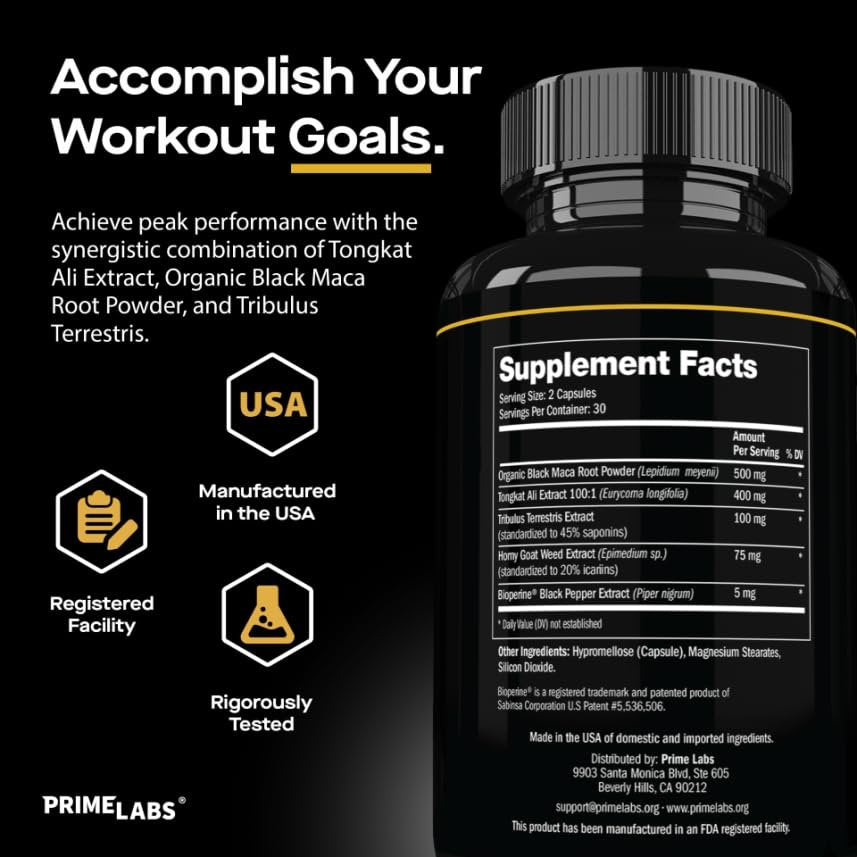 Prime Labs Tongkat Ali für Männer – Plus Bio Maca-Wurzel und Tribulus Terrestris – Leistung, Vitalität, Energie – 60 Kapseln
