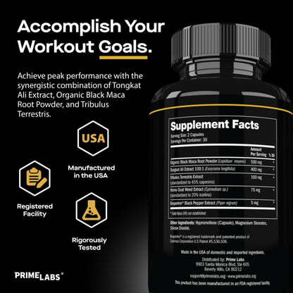 Prime Labs Tongkat Ali für Männer – Plus Bio Maca-Wurzel und Tribulus Terrestris – Leistung, Vitalität, Energie – 60 Kapseln