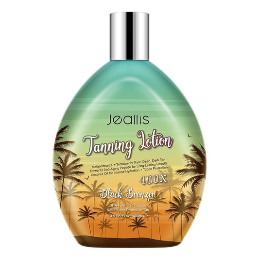 Jeallis Extreme Dark Tanning Lotion – Beschleuniger für Sonnenbank & Sonne mit Bronzer für schnelle, tiefe Bräune, tätowierungsschützende Formel, DHA-frei, 400 ml