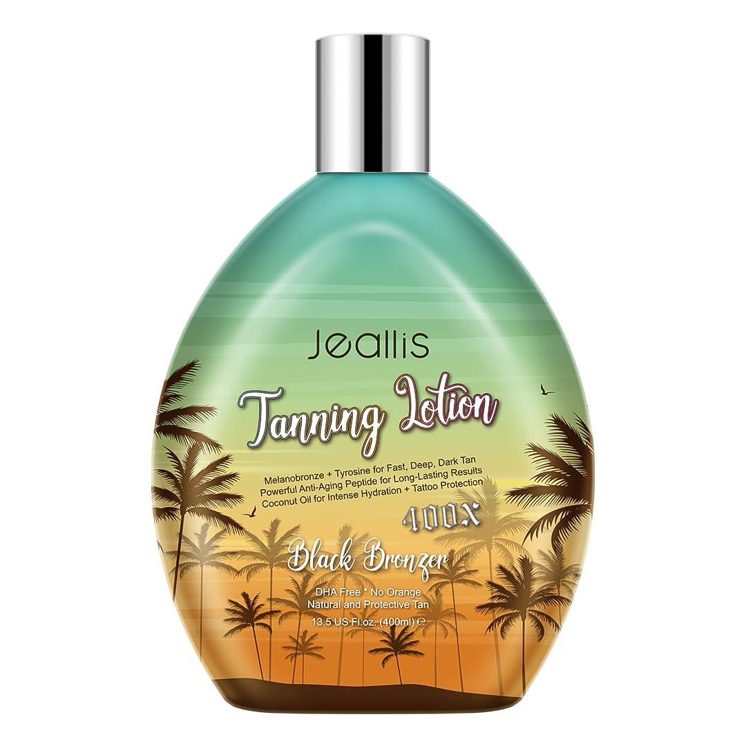 Jeallis Extreme Dark Tanning Lotion – Beschleuniger für Sonnenbank & Sonne mit Bronzer für schnelle, tiefe Bräune, tätowierungsschützende Formel, DHA-frei, 400 ml