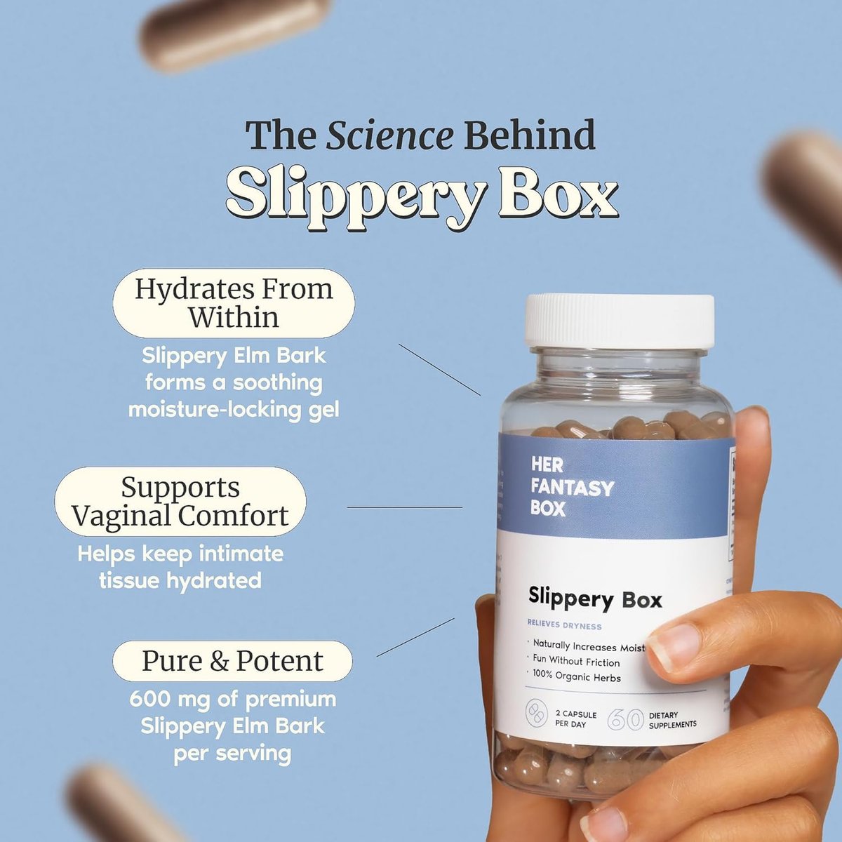 Her Fantasy Box | Slippery Box | Schnell wirkende Ulmenrinden-Kapseln für feminine Gesundheit und intime Feuchtigkeitsunterstützung – 60 vegane Kapseln