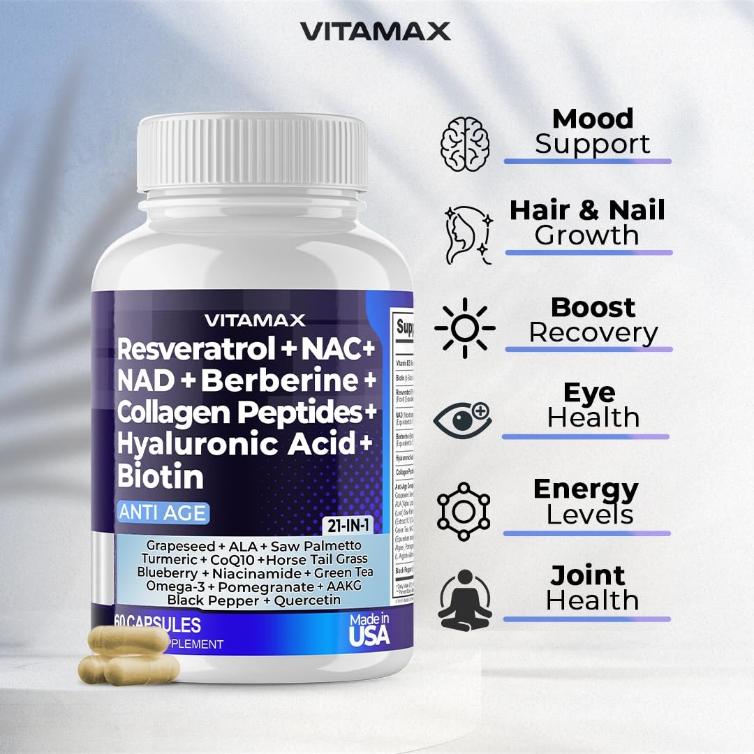 Resveratrol NAD+ Berberin Hyaluronsäure - Biotin Traube & Blaubeere + NAC - Kollagenpeptide - Haar-, Nagel-, Haut- & Gelenkergänzung - 21-in-1 für Frauen und Männer - Hergestellt in den USA (60 Kapseln)