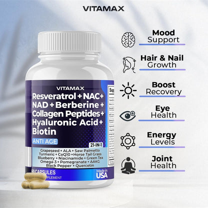 Resveratrol NAD+ Berberin Hyaluronsäure - Biotin Traube & Blaubeere + NAC - Kollagenpeptide - Haar-, Nagel-, Haut- & Gelenkergänzung - 21-in-1 für Frauen und Männer - Hergestellt in den USA (60 Kapseln)