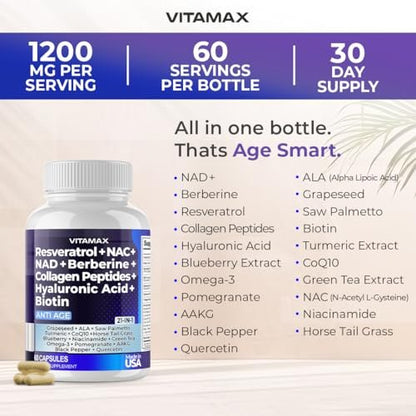 Resveratrol NAD+ Berberin Hyaluronsäure - Biotin Traube & Blaubeere + NAC - Kollagenpeptide - Haar-, Nagel-, Haut- & Gelenkergänzung - 21-in-1 für Frauen und Männer - Hergestellt in den USA (60 Kapseln)