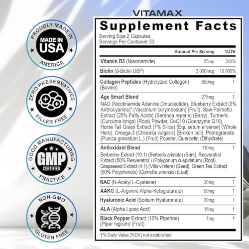 Resveratrol NAD+ Berberin Hyaluronsäure - Biotin Traube & Blaubeere + NAC - Kollagenpeptide - Haar-, Nagel-, Haut- & Gelenkergänzung - 21-in-1 für Frauen und Männer - Hergestellt in den USA (60 Kapseln)