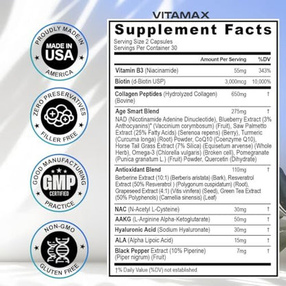 Resveratrol NAD+ Berberin Hyaluronsäure - Biotin Traube & Blaubeere + NAC - Kollagenpeptide - Haar-, Nagel-, Haut- & Gelenkergänzung - 21-in-1 für Frauen und Männer - Hergestellt in den USA (60 Kapseln)