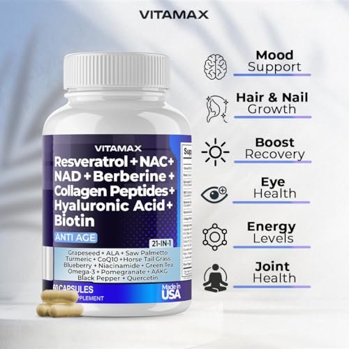 Resveratrol NAD+ Berberin Hyaluronsäure - Biotin Traube & Blaubeere + NAC - Kollagenpeptide - Haar-, Nagel-, Haut- & Gelenkergänzung - 21-in-1 für Frauen und Männer - Hergestellt in den USA (60 Kapseln)