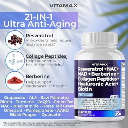 Resveratrol NAD+ Berberin Hyaluronsäure - Biotin Traube & Blaubeere + NAC - Kollagenpeptide - Haar-, Nagel-, Haut- & Gelenkergänzung - 21-in-1 für Frauen und Männer - Hergestellt in den USA (60 Kapseln)